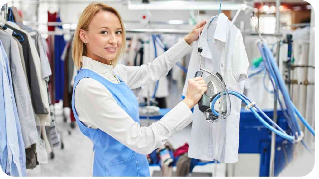 a person in an apron is holding a shirt on a hanger