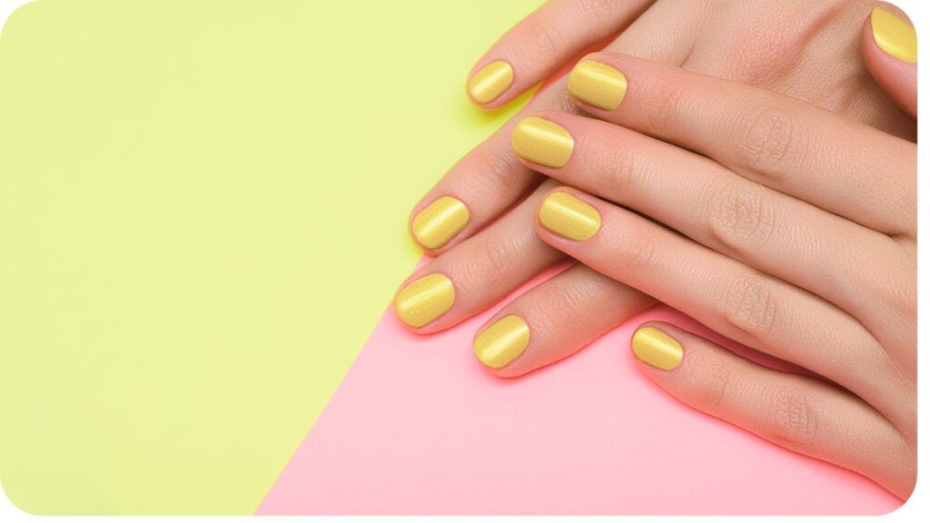 a pair of hands with yellow manicured nails on a pink and yellow background